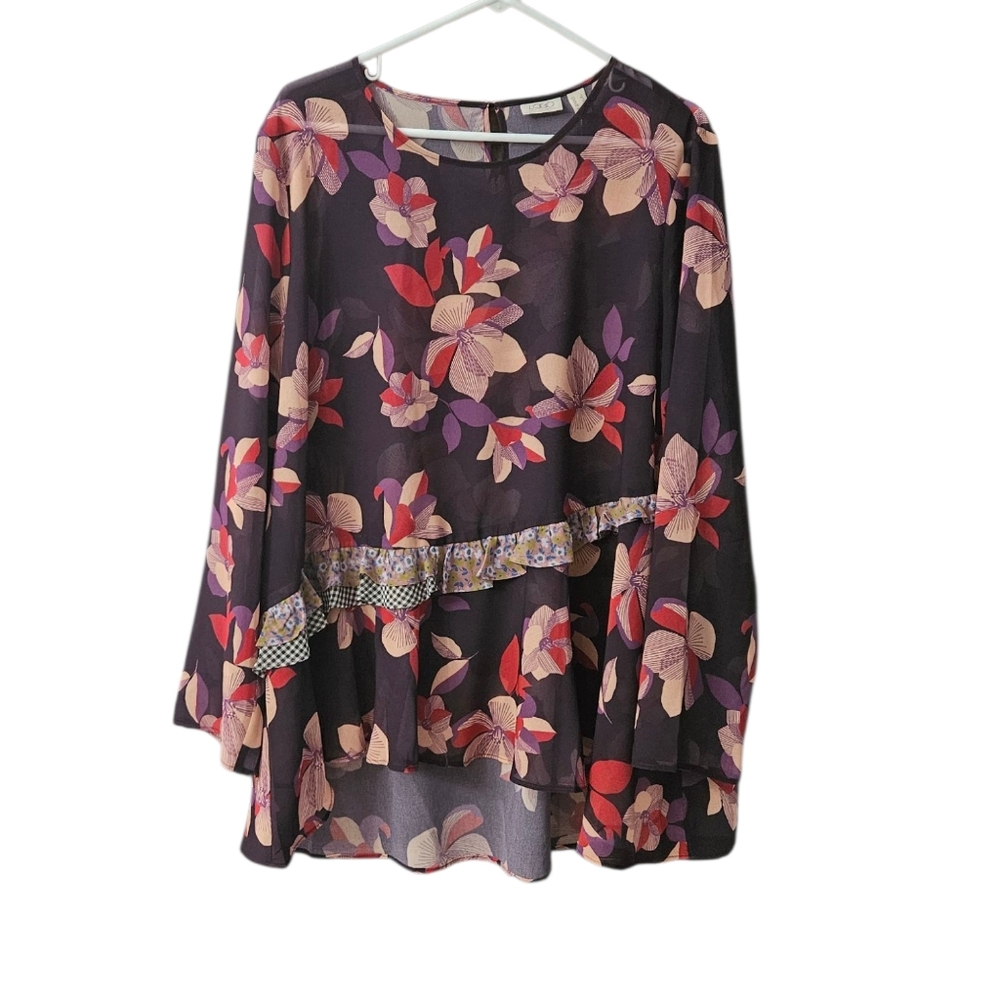 LOGO by Lori Goldstein Floral Long Sleeve Blouse NWOT Size XL Hi Low Ruffle